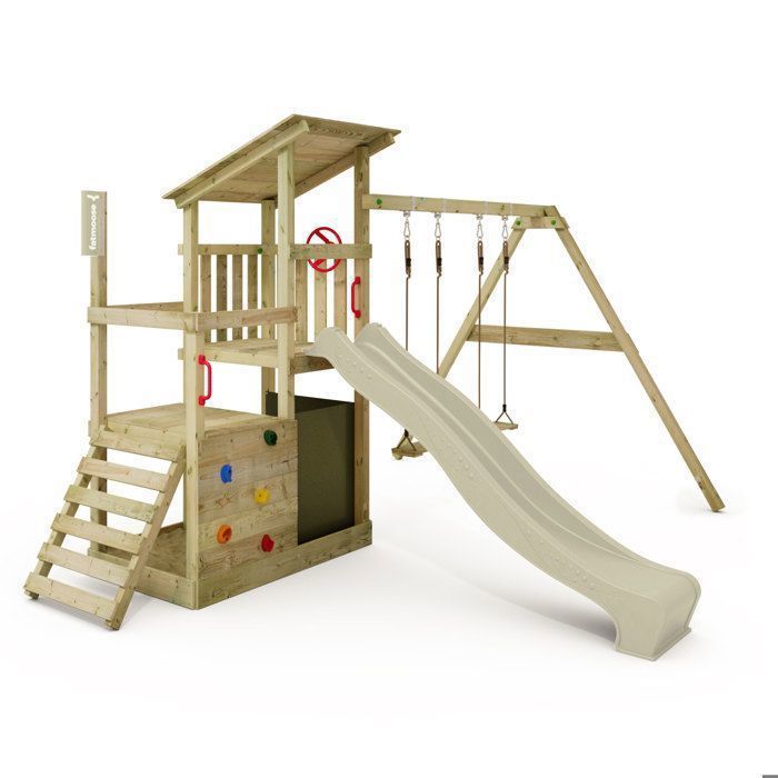 Tour de jeux bois FATMOOSE FruityForest Fun XXL avec double balançoire et toboggan 220 cm vert sauge – 10 ans de garantie*