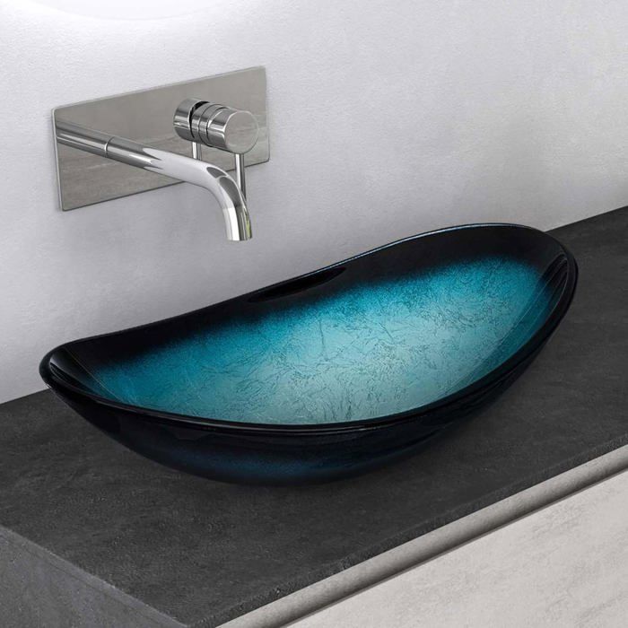Mai & Mai Lavabo à Poser en Verre Lave-Mains Vasque Ovale à Poser Lavabo Bleu pour Salle de Bain WC d'Invités 53,5x35,5x16 cm Min08