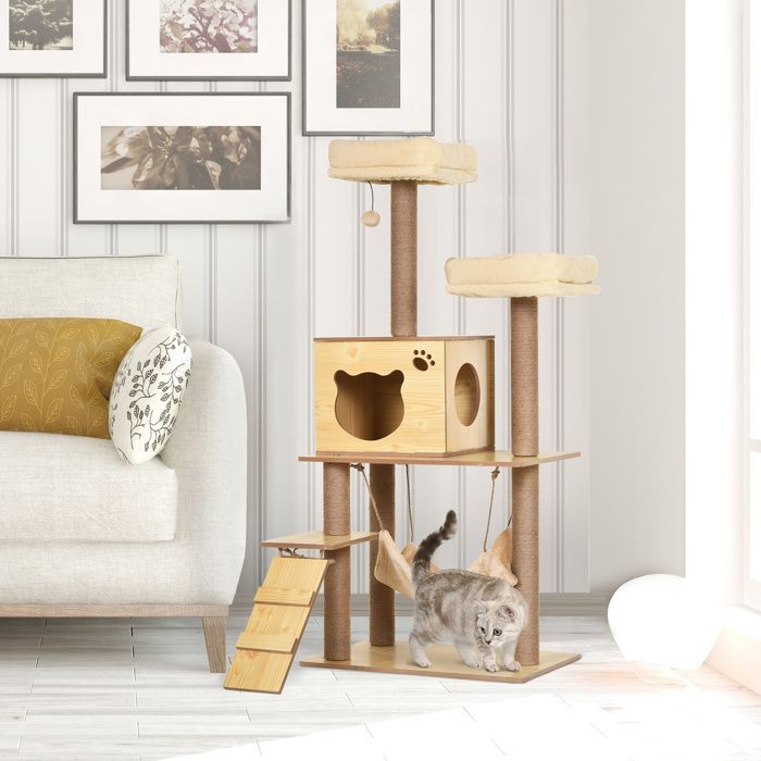 Arbre à chats design - PawHut - contemporain griffoirs grattoirs sisal niche plate-formes hamac boule - bois - beige