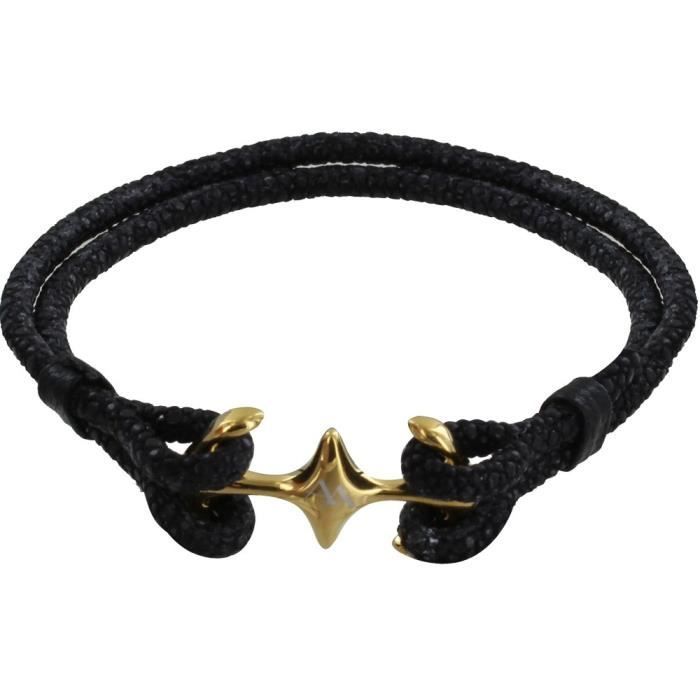 Les Poulettes Bijoux - Bracelet Mixte Rhodium Plaqué Or Double Ancre et Galuchat - 18cm Classics - Noir