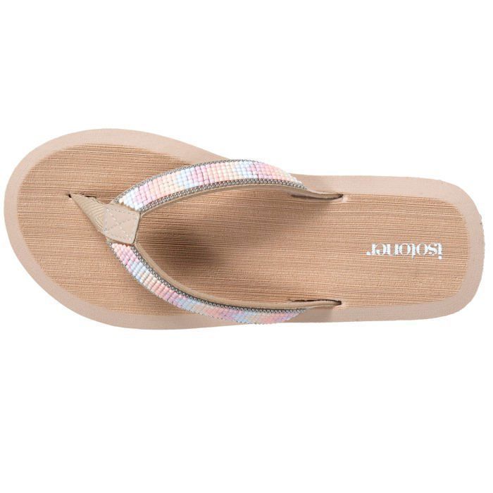 Chanclas Isotoner con suela sintética, cómoda separación entre los dedos, ligeras para mayor comodidad al caminar, calzado de yoga beige para mujer.
