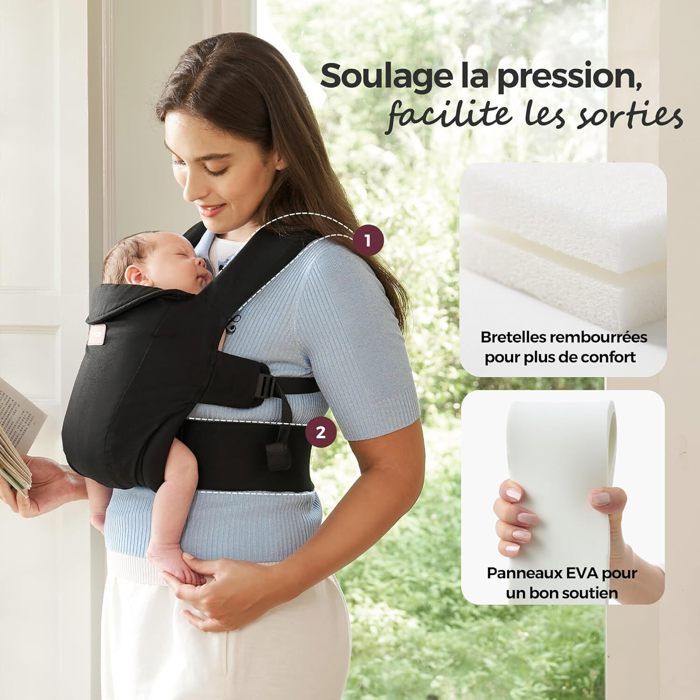 Momcozy Babytrage für Neugeborene, ergonomische Unterstützung mit Nackenstütze, leicht und sicher (3 bis 11 kg), Schwarz