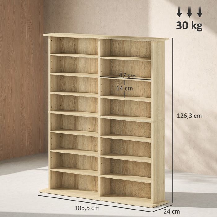 Rangements pour CD et DVD - HOMCOM - 16 compartiments et 12 étagères réglables - capacité max. 720 CD/396 DVD et Blu-ray - naturel