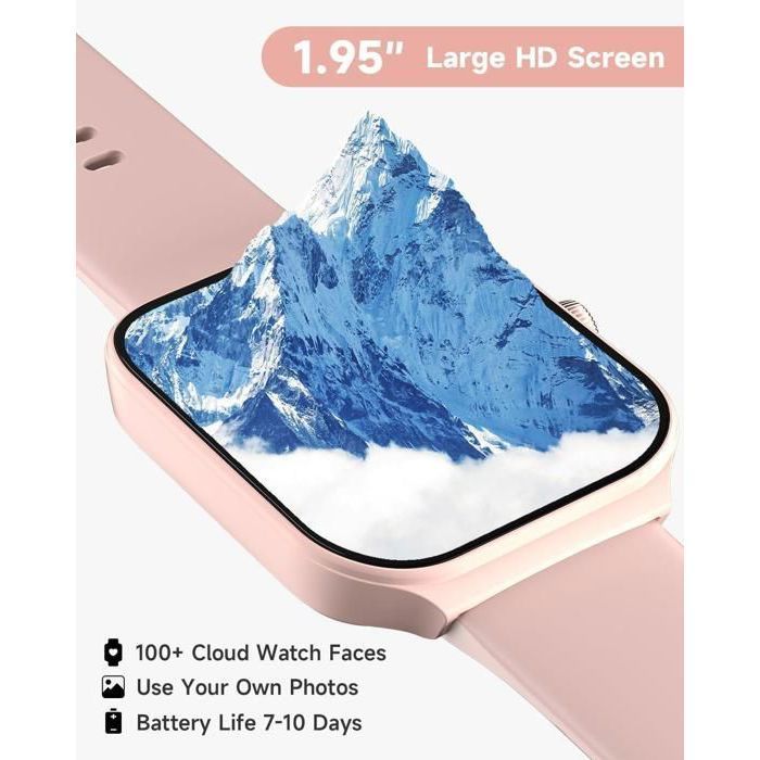 Montre intelligente femme rose étanche IP68, écran 1,95 pouces tactile, répondre/passer des appels, tracker d’activité physique comp