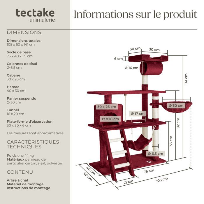 Arbre à chat - TECTAKE - Mobilier pour chat MARCEL 141 cm de hauteur avec cordelette, griffoir et zones de couchage - Rouge