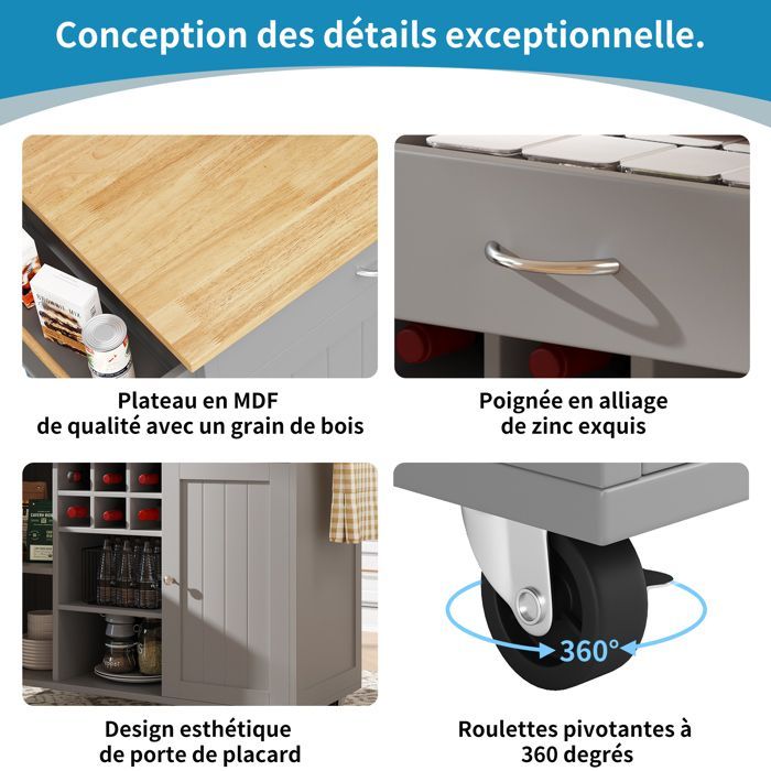 Multi-functional Kitchen Cabinet, Modern Kitchen Island, Kitchen Buffet on Wheels, Serving Cart, 102x45x92cm, Grey