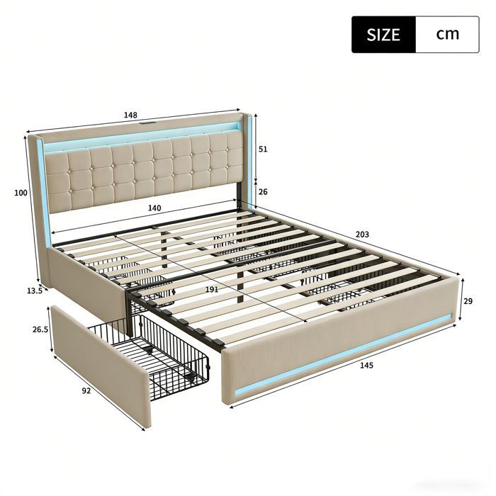 Lit 140x190 cm - COZY - LED - Tiroirs - cadre de lit double 140x190 cm - lit adulte 140x190 cm - tissu lin - beige