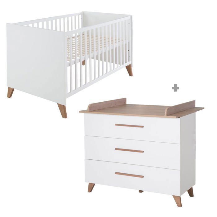 Conjunto para habitación infantil: Cuna convertible de 70 x 140 cm + cambiador - OLE - ROBA - Roble oscuro / Blanco