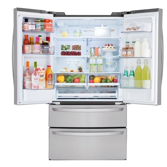 LG externe waterdispenser, 28,6 cu ft (ca. 800 liter) koelkast met vier deuren en Franse deuren, inclusief ijsmaker (roestvrij staal), ENERGY STAR-gecertificeerd.