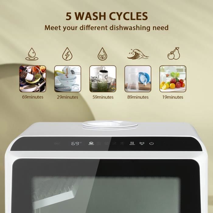 PULUOMIS Mini Freestanding Dishwasher with 4 Place Settings, 6 Programs, 5L Water Tank and LED Display, 42cm