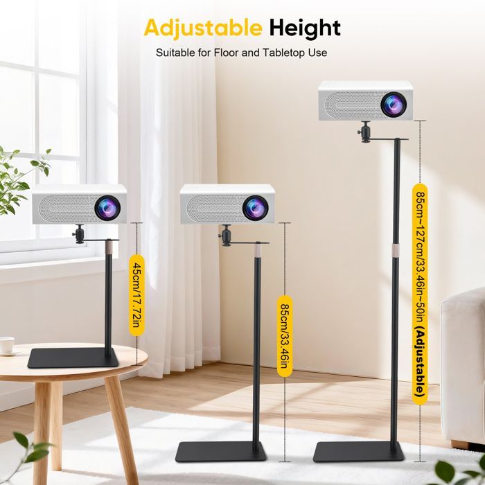 Supporto per proiettore in acciaio al carbonio con rotazione a 360°, portata massima 5 kg, altezza regolabile da 30 a 130 cm.