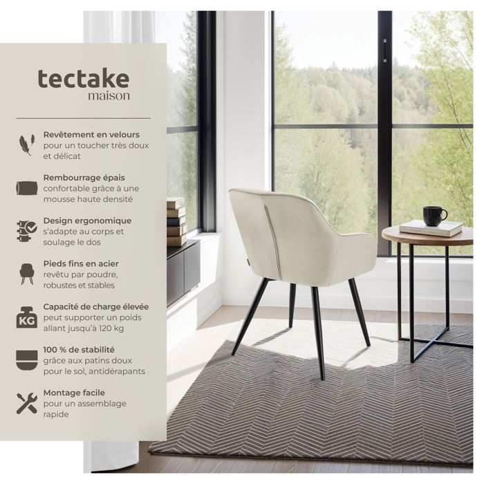 Chaises - TECTAKE - Lot de 2 fauteuils de salle à manger MARYLIN aspect velours avec pieds en acier noir - Crème