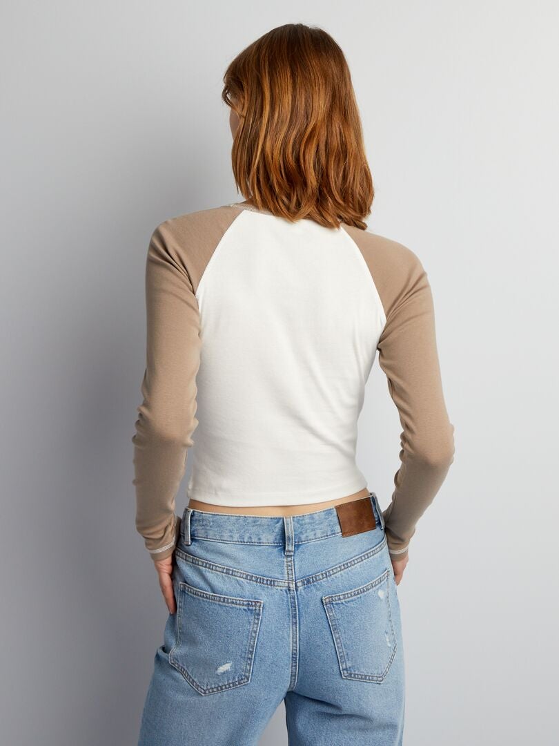 Cropped T-shirt met lange mouwen - BEIGE