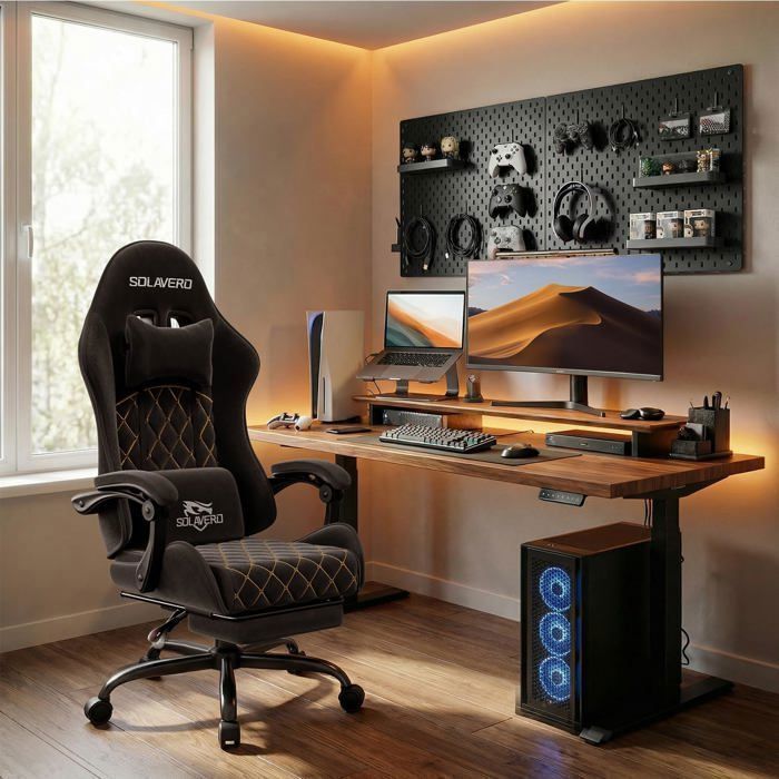 EcoFurnix Gaming-Stuhl aus Wildlederimitat, ergonomischer Gaming-Stuhl mit Massagefunktion im Lendenbereich, Bürostuhl, Belastbarkeit 150 kg, Schwarz