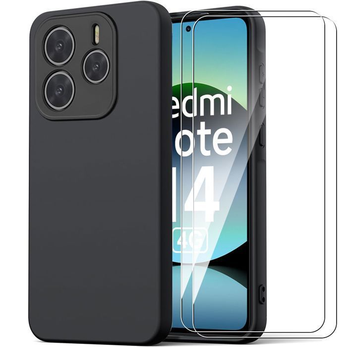 Capa + 2 Protetores de Tela de Vidro Temperado para Xiaomi Redmi Note 14 4G (não compatível com 5G) Capa Protetora Fina de Silicone Macio, Antirriscos, Preta