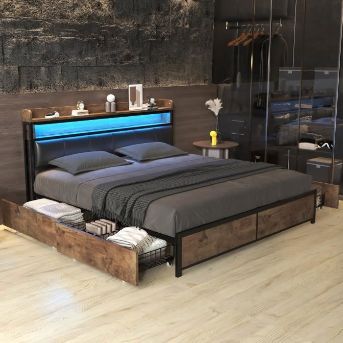 Cama tapizada - PERGAR - 180x200 cm - Cabecero LED - 4 cajones - Negro y madera