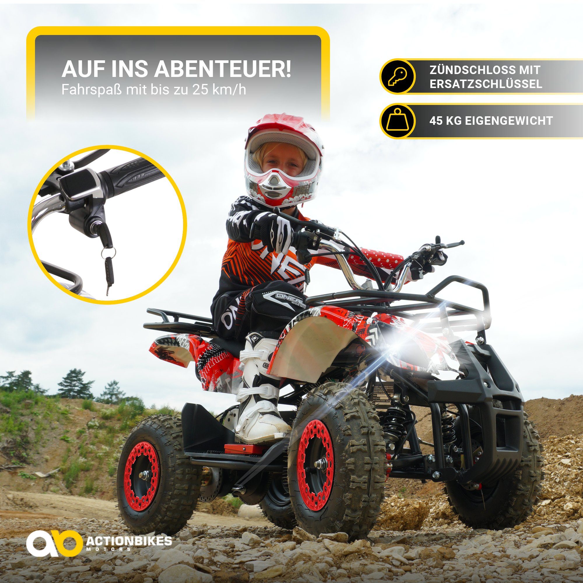 Actionbikes Motors elektrisches Kinderquad Torino ATV 1000 W 36 V, Tragfähigkeit 50 kg, (1 Stück), Taschenquad – Sicherheitsberührung – gelochte Scheibenbremse – bis zu 25 km/h