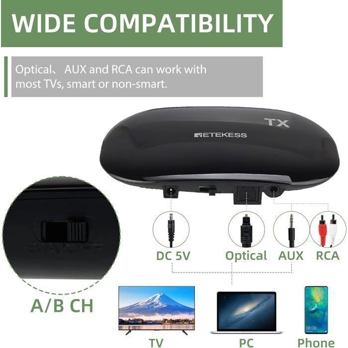 Retekess TA005-TA007 Wireless Headphones for Watching TV, with Transmitter, Supports Optical, Coaxial, AUX, and RCA Inputs