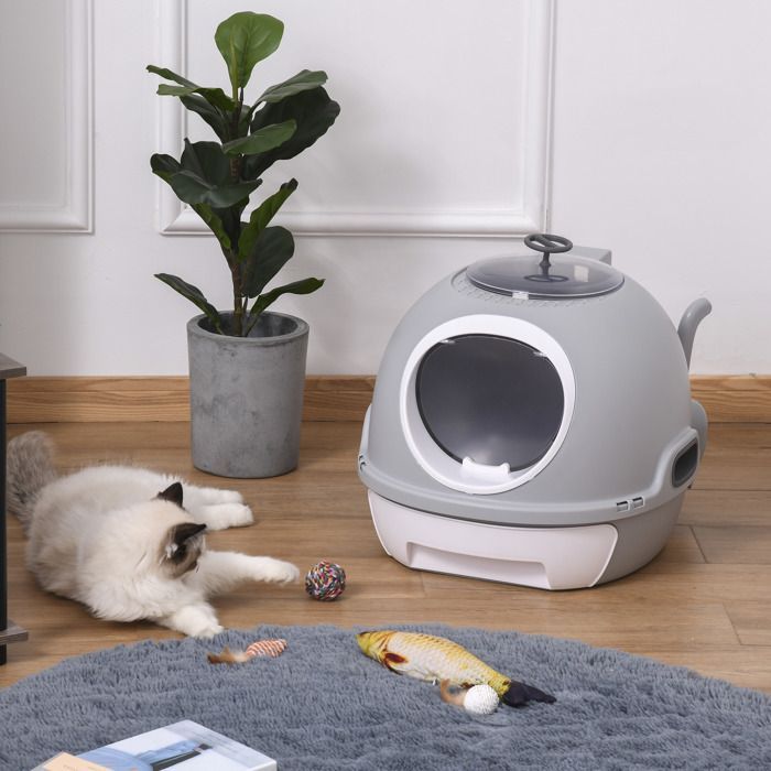 Bac à litière pour chat - maison de toilette - PawHut - portable tiroir coulissant porte battante pelle - plastique - gris