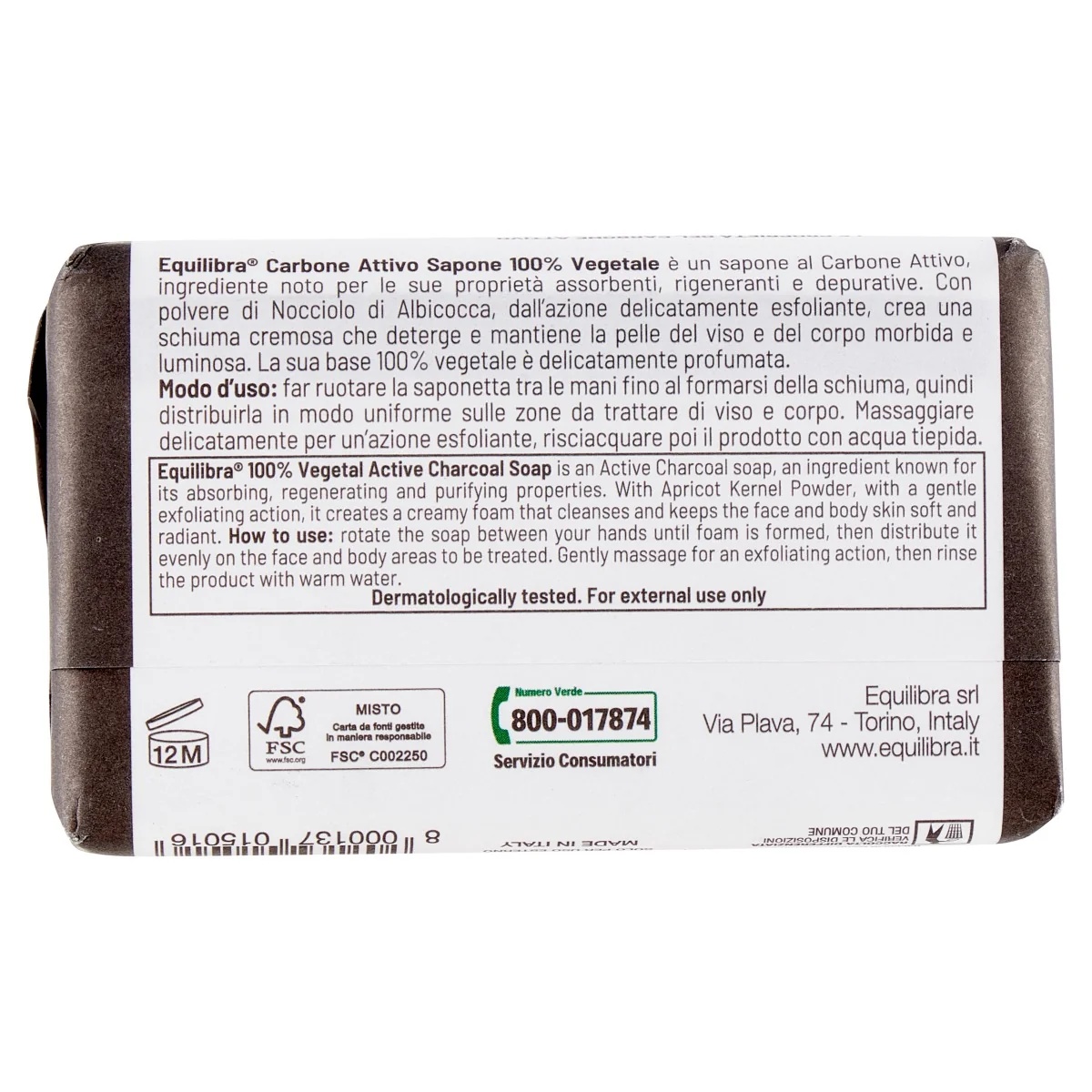 Equilibra zeep met actieve kool, 100 g, zonder parabenen.