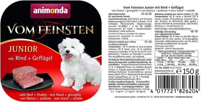 Alimento para perros Animonda vom Feinsten Junior - carne de res y aves de corral, alimento húmedo de alto contenido energético para cachorros (≥5 semanas)