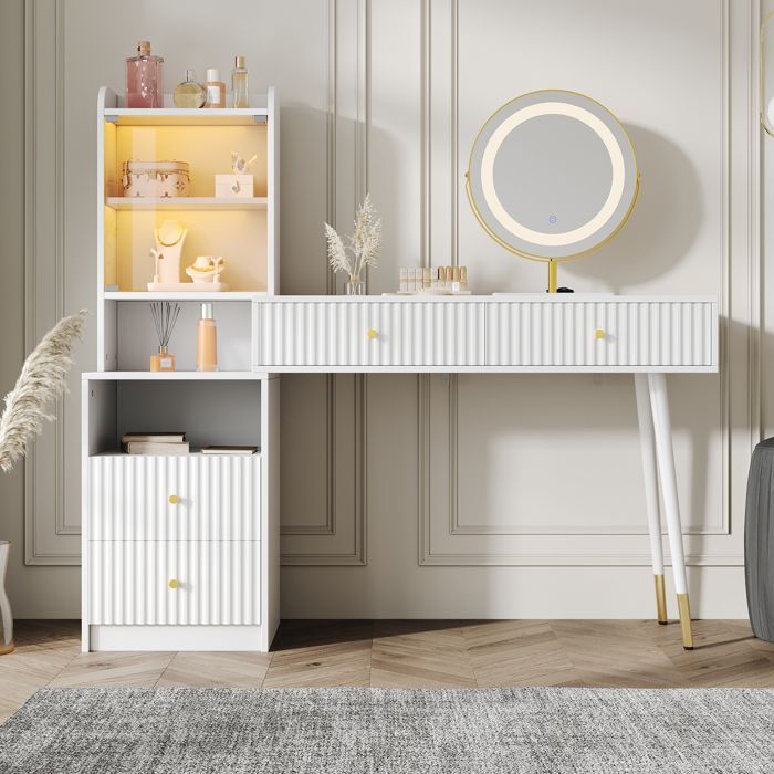 Tavolo da trucco con specchio a LED 100 x 40 x 125 cm con illuminazione RGB, 4 cassetti e 1 vetrina con anta in vetro - Bianco