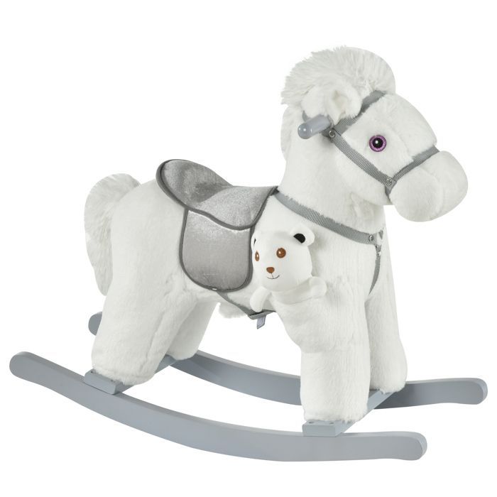 Caballito balancín para bebés de 18 a 36 meses - HOMCOM - con efectos de sonido - osito de peluche de regalo - de madera - 65 x 26 x 55 cm - blanco