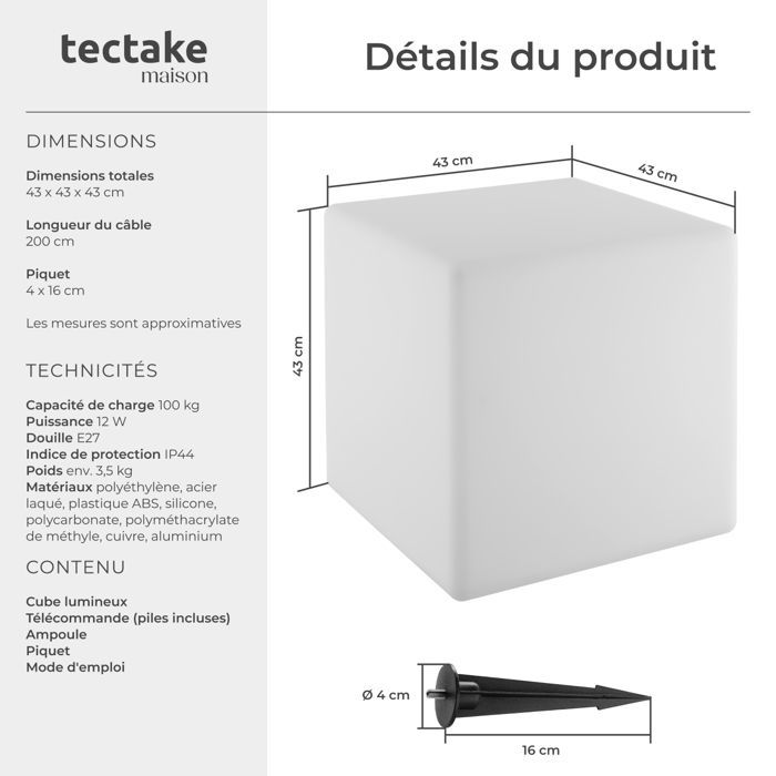 Iluminación - TECTAKE - Lámpara cúbica con bombilla LED LUMINOUS CUBE y mando a distancia de 12 W - Blanca - Dimensiones: 43 x 43 x 43 cm
