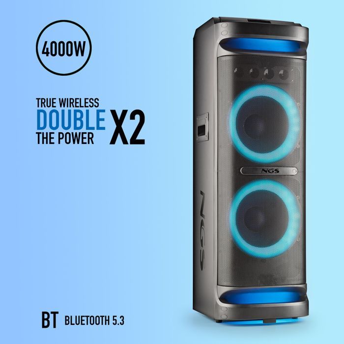 NGS WILD SPACE 3: Caixa de Som para Festas de 4000W com Bluetooth/TWS, USB/AUX, LED, alças e 2 entradas para microfone.