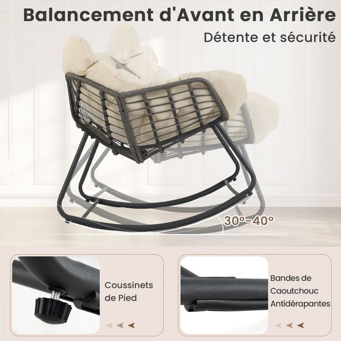 Sedia a dondolo da giardino COSTWAY per esterni in rattan sintetico PE con cuscino spesso removibile, struttura in metallo, portata massima 150 kg, colore beige.