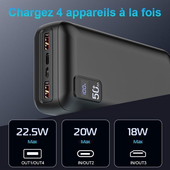 50000mAh External Battery Power Bank with 3 Outputs and 2 Inputs, LCD Screen, Fast Charging – Compatible with iPhone, Samsung, iPad, Huawei, and Xiaomi