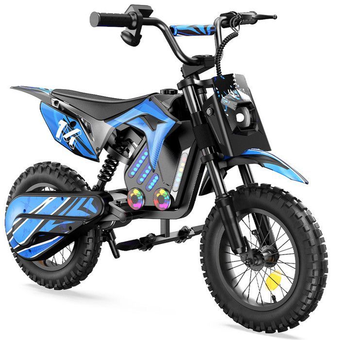 Moto électrique pour enfants A14 Bleu, 500W, 3 Vitesses 8-27KM/H, Pneus 14’’ tout-terrain, Autonomie 22 km, Bluetooth, Amortisseurs
