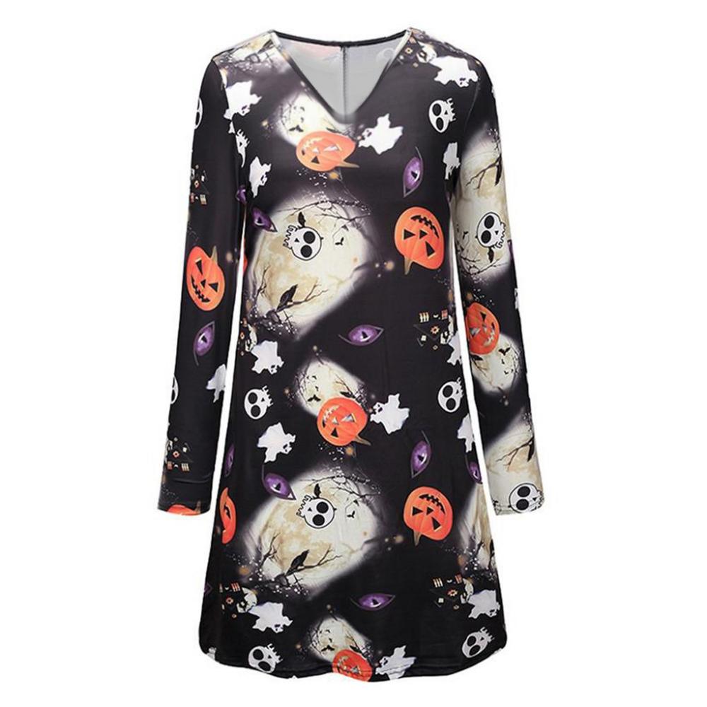 Abito da donna con stampa di zucca di Halloween, abito casual a maniche lunghe con scollo a V, abito midi da festa da donna, vestidos femminile