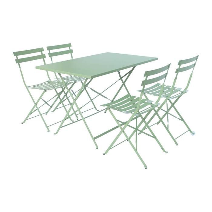 Salon de jardin bistrot pliable - Emilia rectangulaire vert de gris - Table 110x70cm avec quatre chaises pliantes. acier thermolaqué