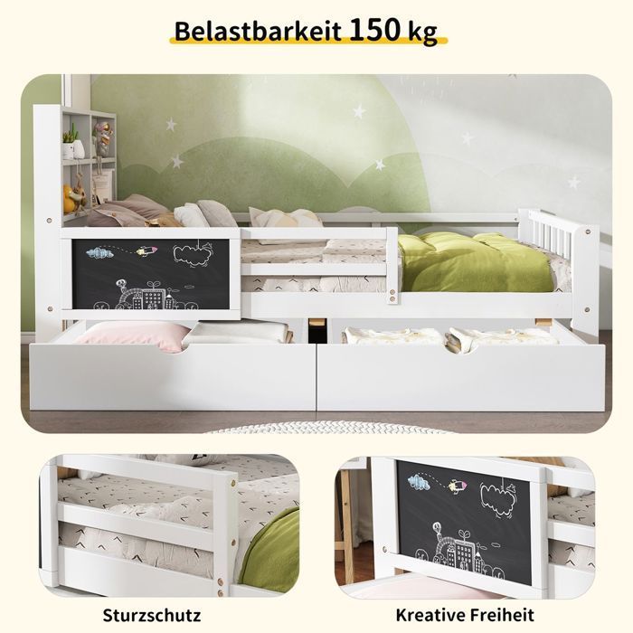 Kinderbed van 90x200 cm met combinatiemogelijkheid, stevig frame met praktische opbergruimte en speels design.