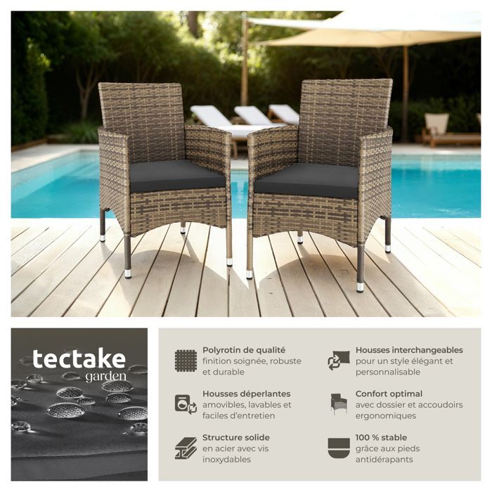 Cadeiras de jardim - TECTAKE - Conjunto de 2 cadeiras de jardim em rattan NANTES, com 2 capas incluídas - Castanho Natural/Cinza Escuro