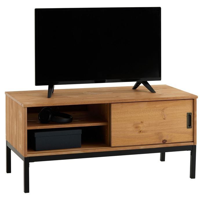 Meuble TV SELMA banc télé de 98 cm au style industriel design vintage avec 1 porte coulissante, en pin massif teinté brun clair