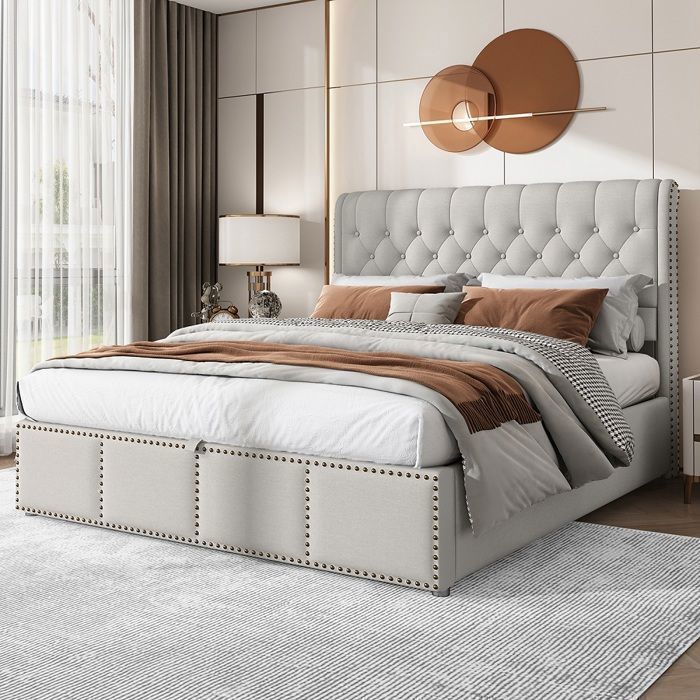 Cama con almacenamiento, cama tapizada con palanca hidráulica, cama para adultos de 140x200 cm, gris claro.