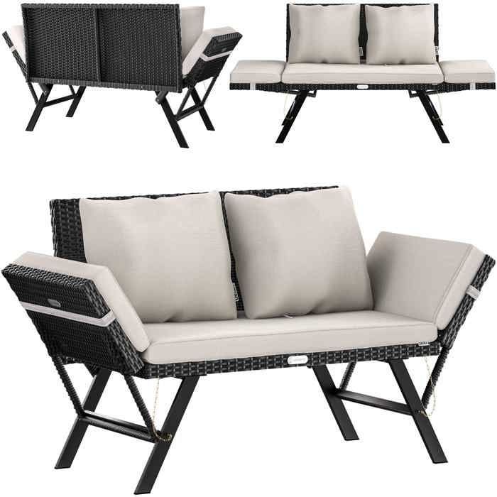 Tuinbank van polyrotan met chaise longue-functie en verstelbare armleuningen, geschikt voor gebruik buitenshuis in de tuin, op het terras, balkon en als loungebank.