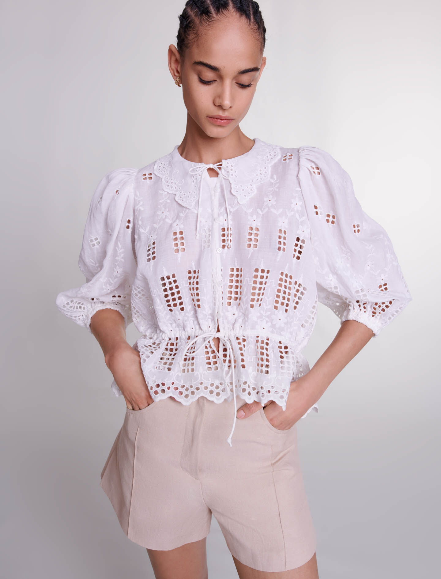 Geborduurde linnen blouse - Wit