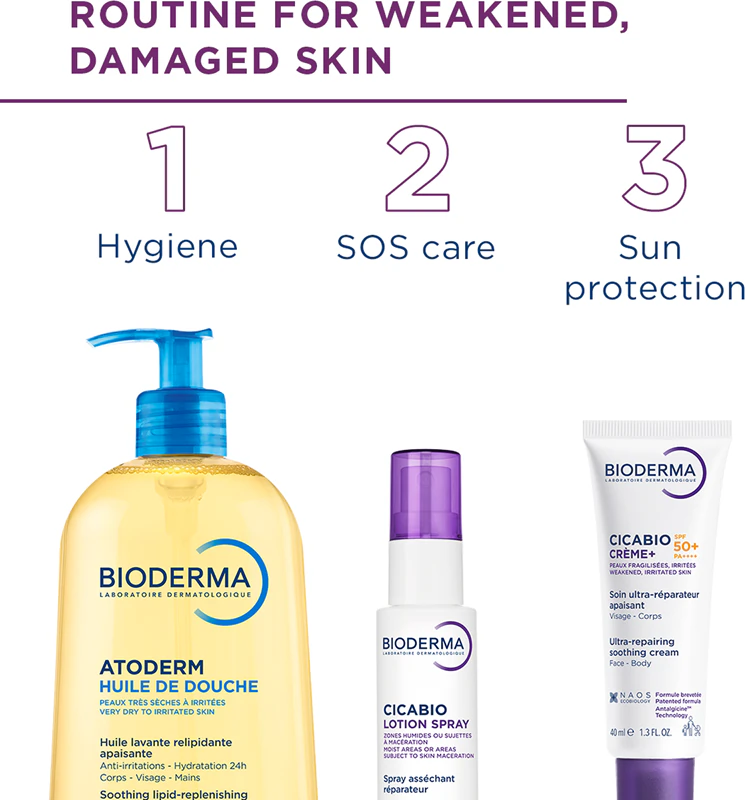 Loção Spray Bioderma Cicabio, um spray secativo e calmante para pele irritada.