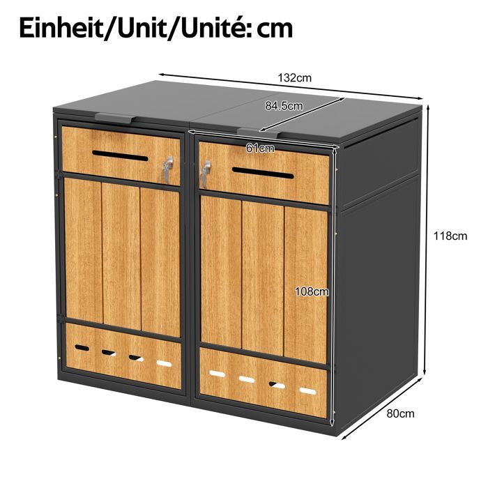 Abri Cache Poubelles pour 2 poubelles 120-240 L, Couvercle à Rabat, Porte Verrouillable, Métal, Gris + Bois