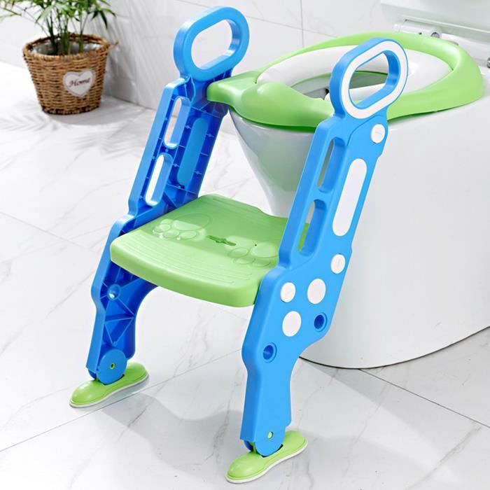 Reductor de asiento de inodoro para bebés y niños, escalera plegable ajustable con peldaños anchos - Asiento de inodoro cómodo, AZUL VERDE