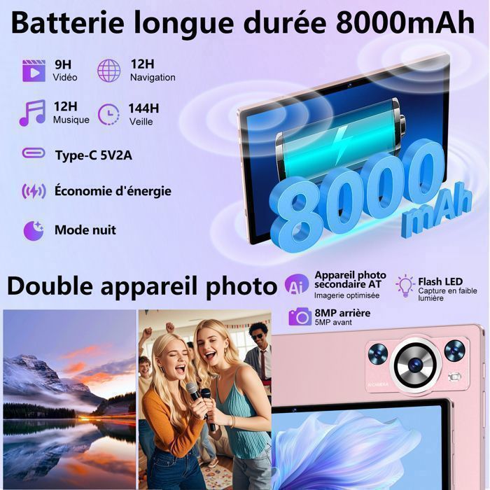 DEERTIME Tablette Tactile 10.1”- Android 15-  30GO RAM +128GO ROM (512GO TF)-8000mAh -Widevine L1- GPS-portable 2 en 1