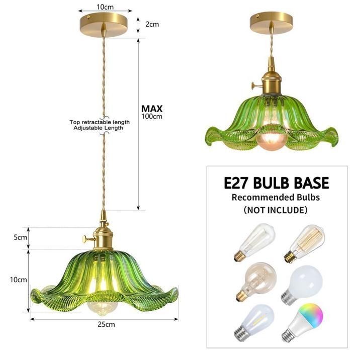 iDEGU Suspension Luminaire Vintage,25cm Lampe de Plafond Industriel Abat-jour en Verre Design Fleur Lustre Style Edison,Vert