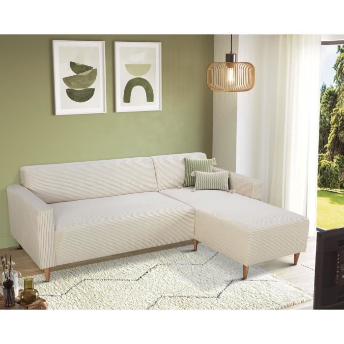 Sofá de canto reversível - 3 lugares - BOB - Veludo Cotelê - Cru - 197 x 138 x 65 cm