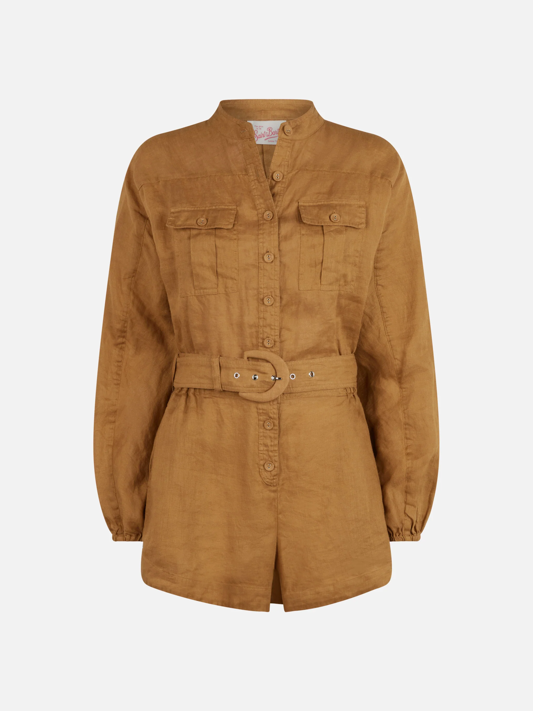 Hanniel damesjumpsuit van camelkleurig linnen