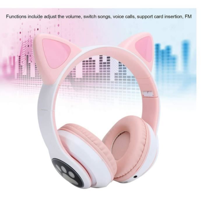 Auriculares Bluetooth con orejas de gato para niñas, auriculares estéreo plegables con luz LED / PS4 / PC / Tablet / TV (rosa + blanco)