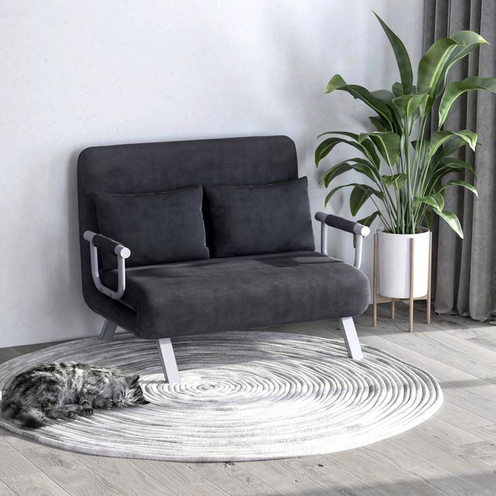 Sofá cama de 2 plazas - HOMCOM - sillón convertible con respaldo de 5 posiciones, 2 cojines extraíbles - ante - 111x80x78cm - gris oscuro