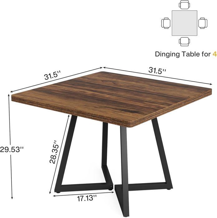 Tribesigns Table de Salle à Manger Carrée, 80 x 80x 75 cm Table à Manger Industrielle avec Base en Métal, Marron rustique et noir